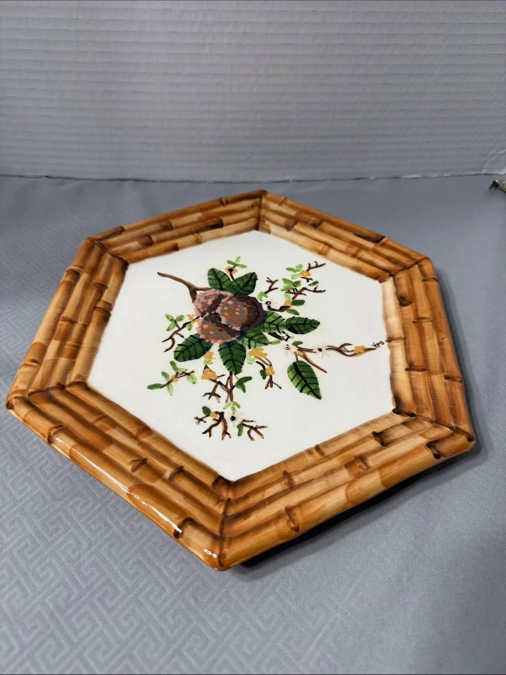 Vtg Mariposa Xanadu Faux Bamboo Octagonal Ceramic Luncheon Plate  Hand Painted